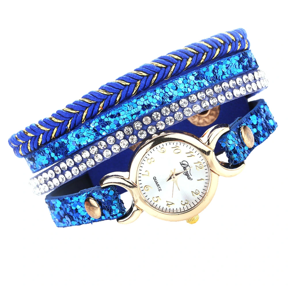 Fashion Women PU Leather Strap Quartz Rhinestone Woven Bracelet Watch (Blue)