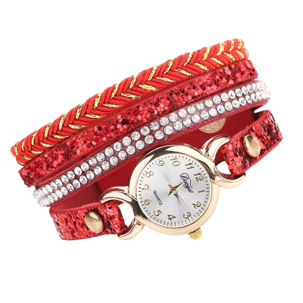 Fashion Women PU Leather Strap Quartz Rhinestone Woven Bracelet Watch (Red)