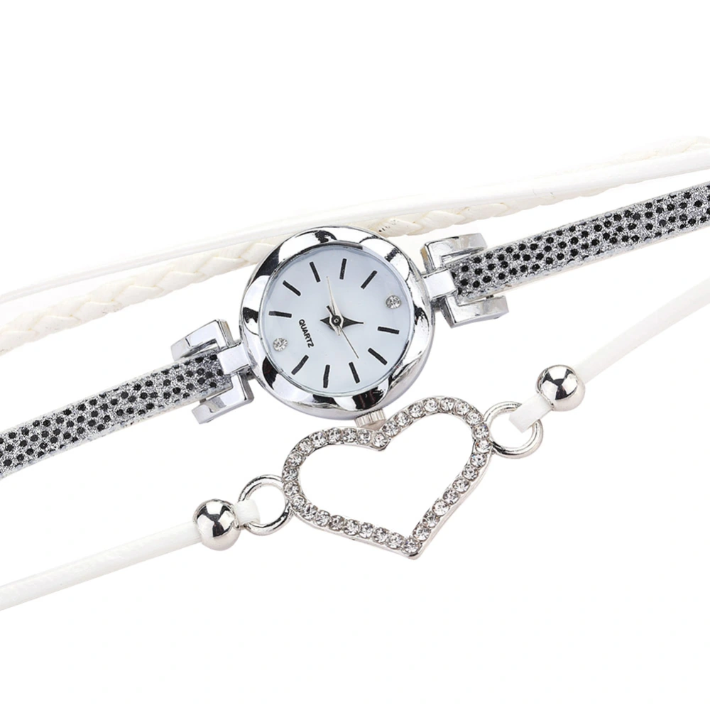 Fashion Women PU Leather Strap Quartz Hollow Rhinestone Heart Bracelet Watch (White)