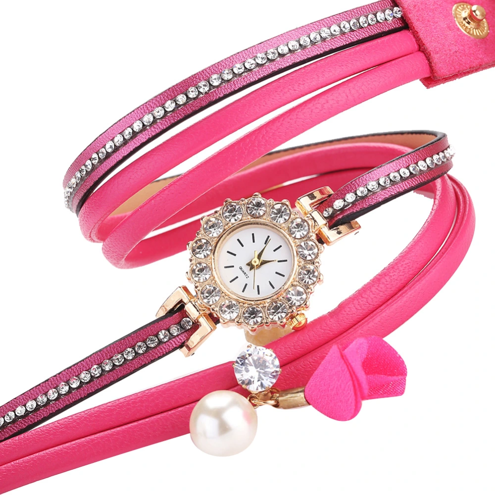 Fashion PU Leather Strap Quartz Watch Rhinestone Bracelet Watch for Female (Rose Red)