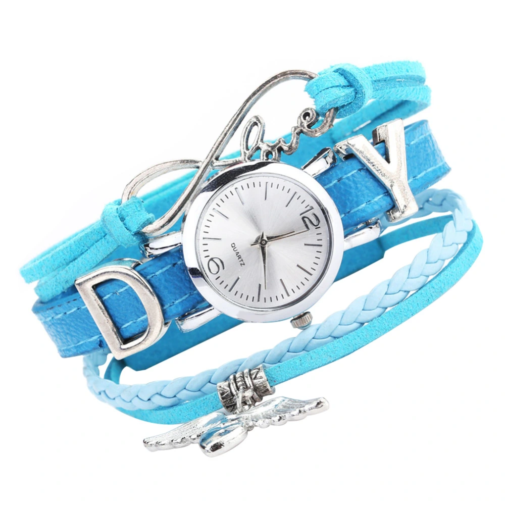 Fashion Women PU Leather Strap Quartz Heart Swing Pattern Bracelet Watch (Sky Blue)