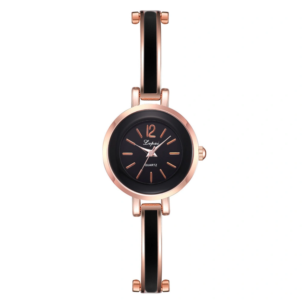 Fashion Alloy Strap Round Dial Watch Women Casual Quartz Watch (Rose Gold Black)