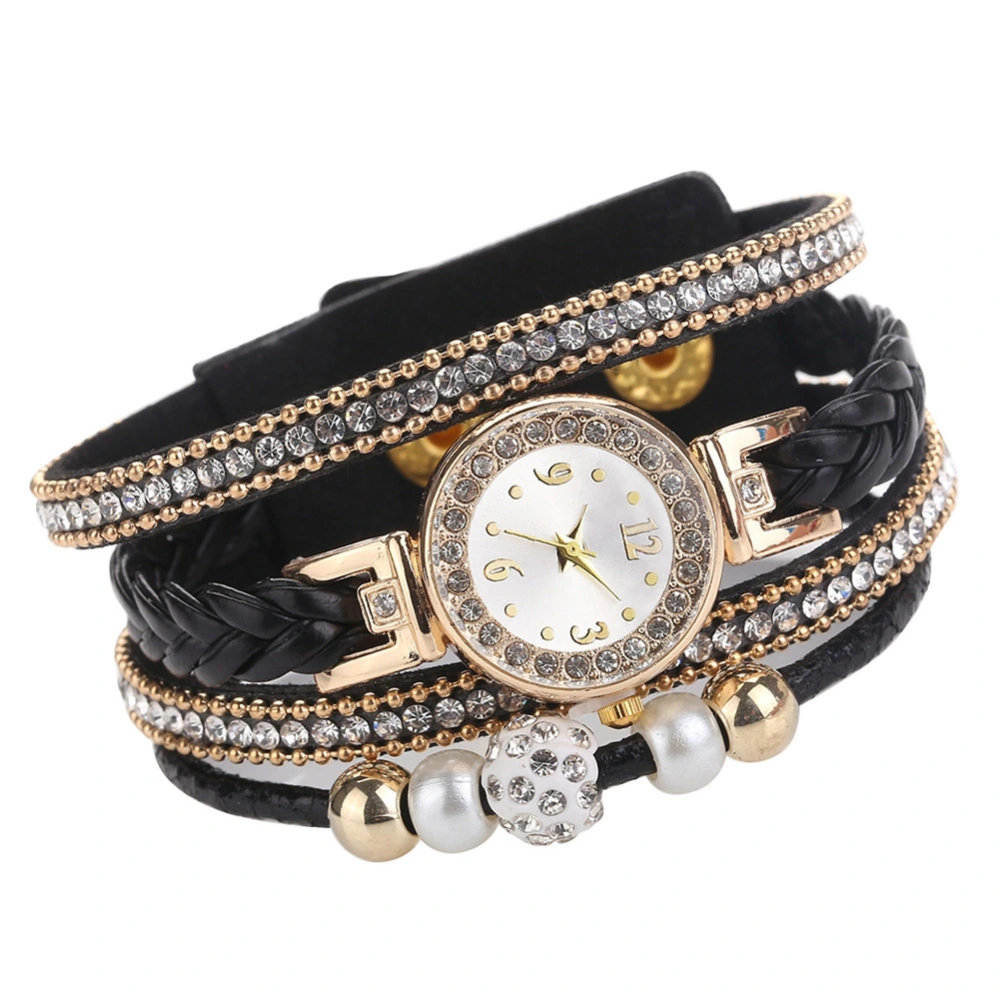 Multi layer Rhinestone Watch Women Bracelet Quartz Braided Rope Wristwatch (Black)