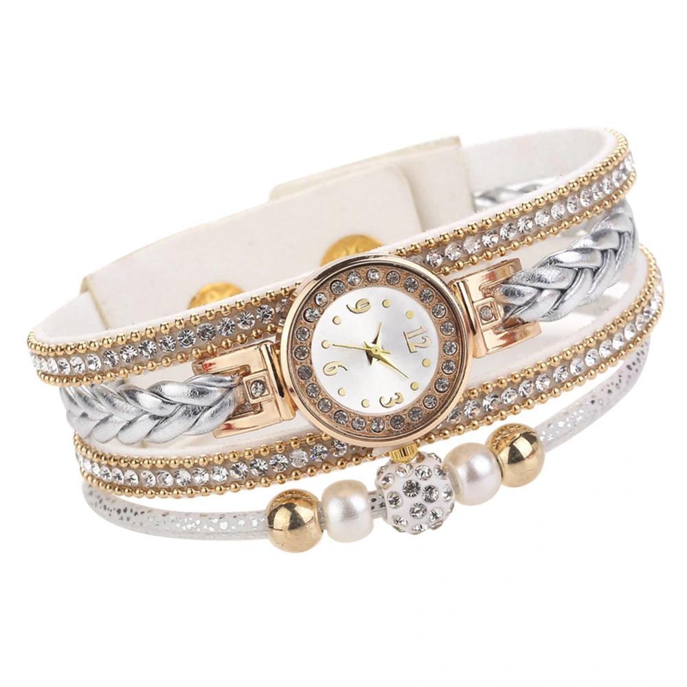 Multi layer Rhinestone Watch Women Bracelet Quartz Braided Rope Wristwatch (White)