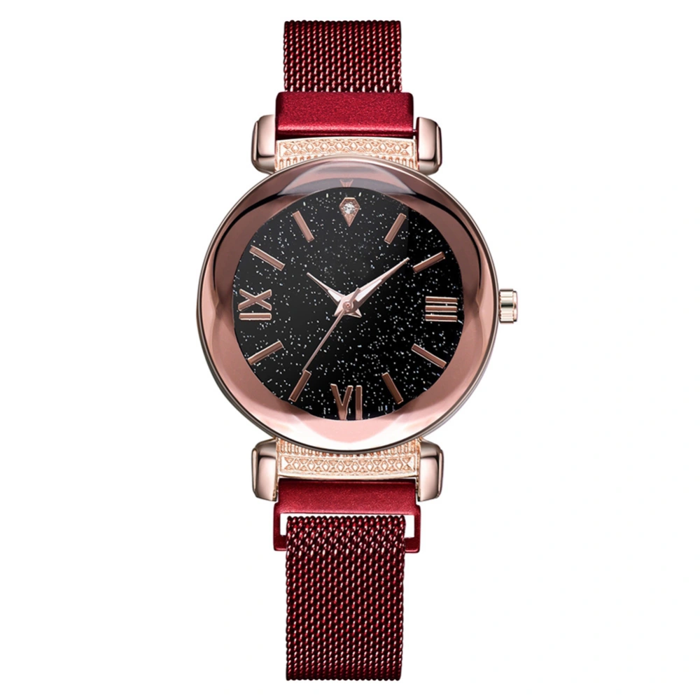 Fashion Alloy Strap Round Dial Rhinestone Watch Women Casual Quartz Watch (Red)