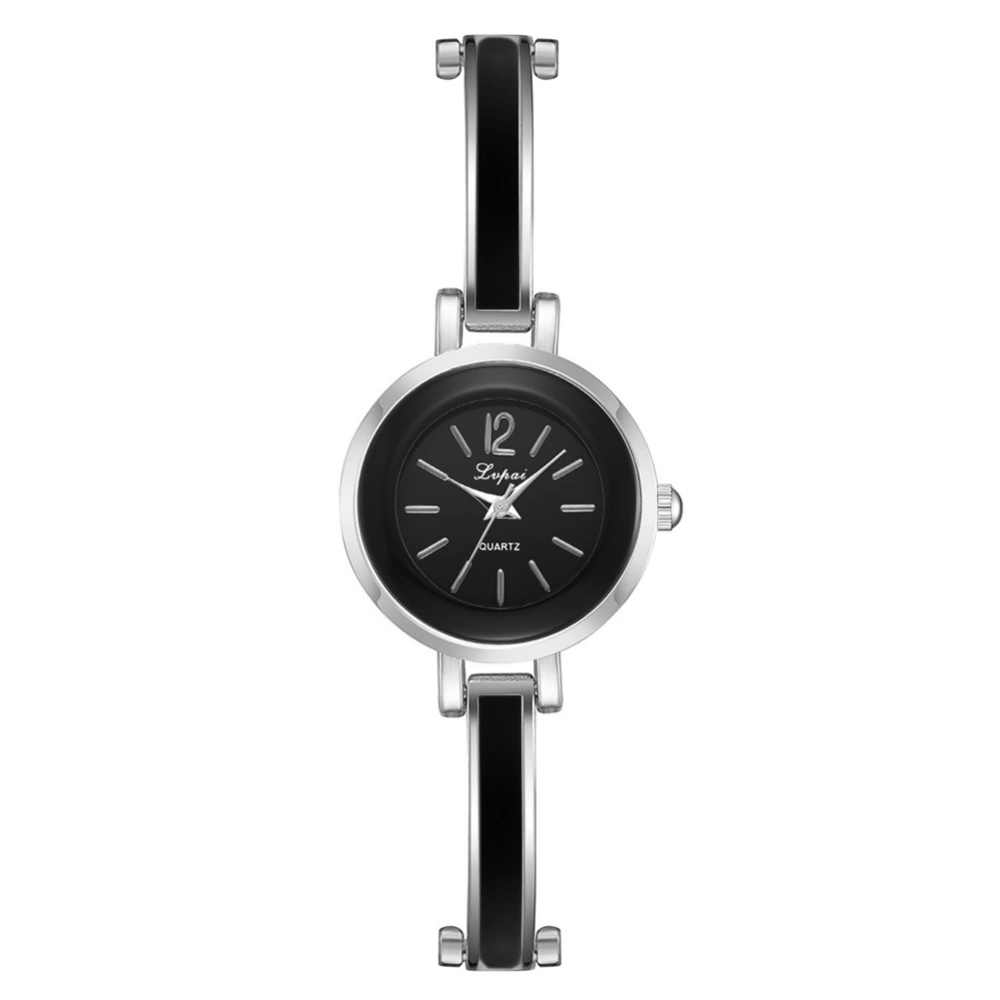 Fashion Alloy Strap Round Dial Watch Women Casual Quartz Watch (Silver Black)