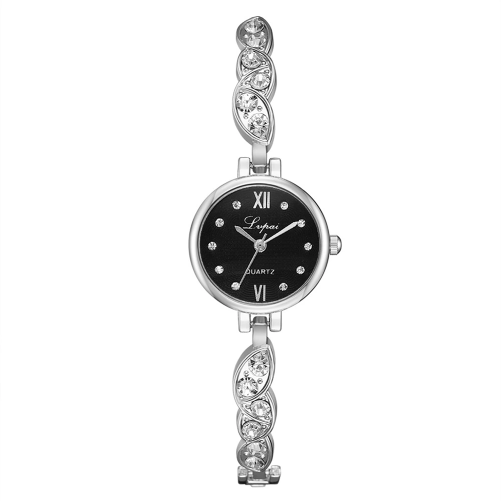 Fashion Alloy Strap Round Dial Watch Women Casual Quartz Bracelet Watch (Silver Black)