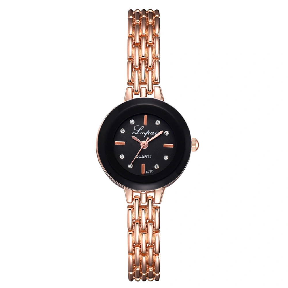 Fashion Alloy Strap Round Dial Watch Women Casual Quartz Watch (Rose Gold Black)