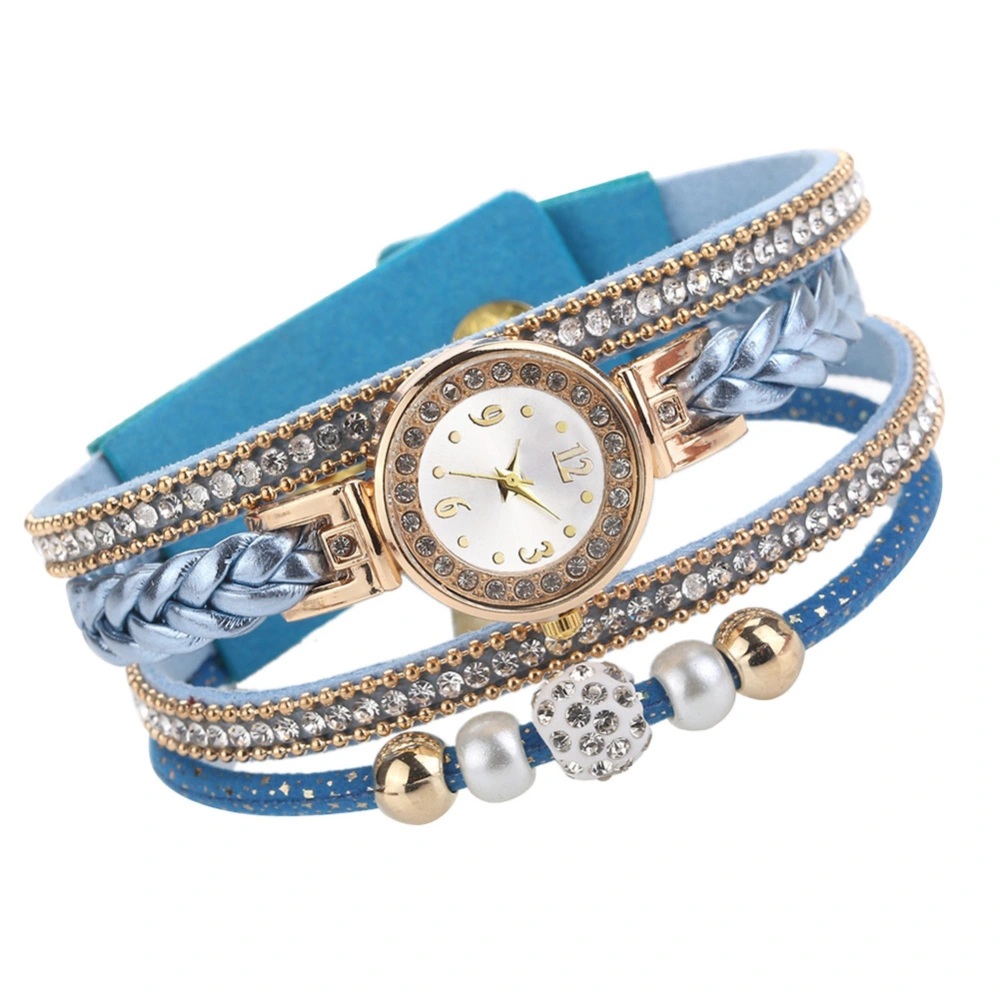 Multi layer Rhinestone Watch Women Bracelet Quartz Braided Rope Wristwatch (Blue)