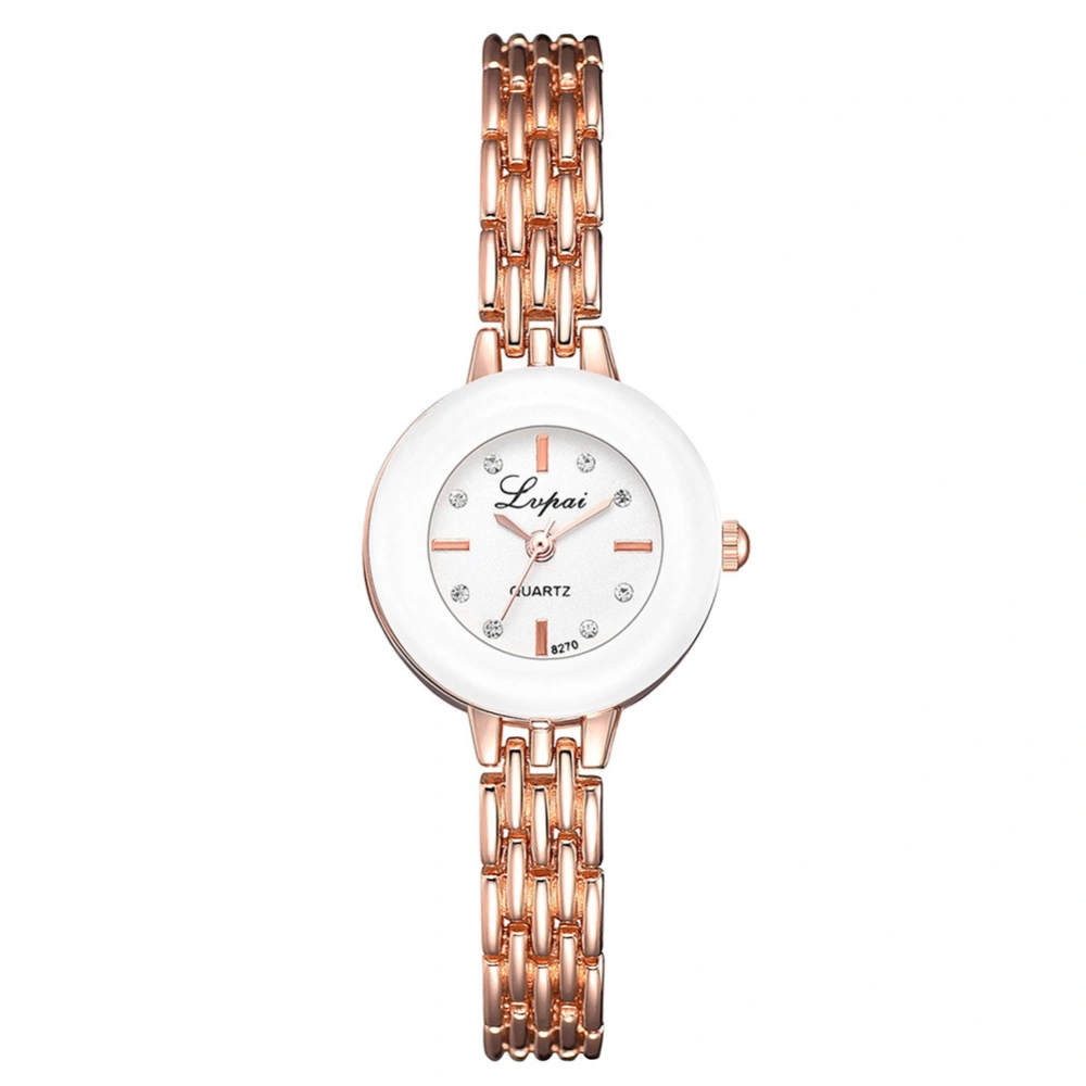 Fashion Alloy Strap Round Dial Watch Women Casual Quartz Watch (Rose Gold White)