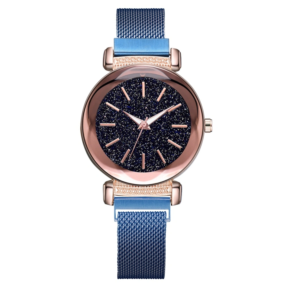 Fashion Alloy Strap Round Dial Watch Women Casual Quartz Magnet Watch (Blue)