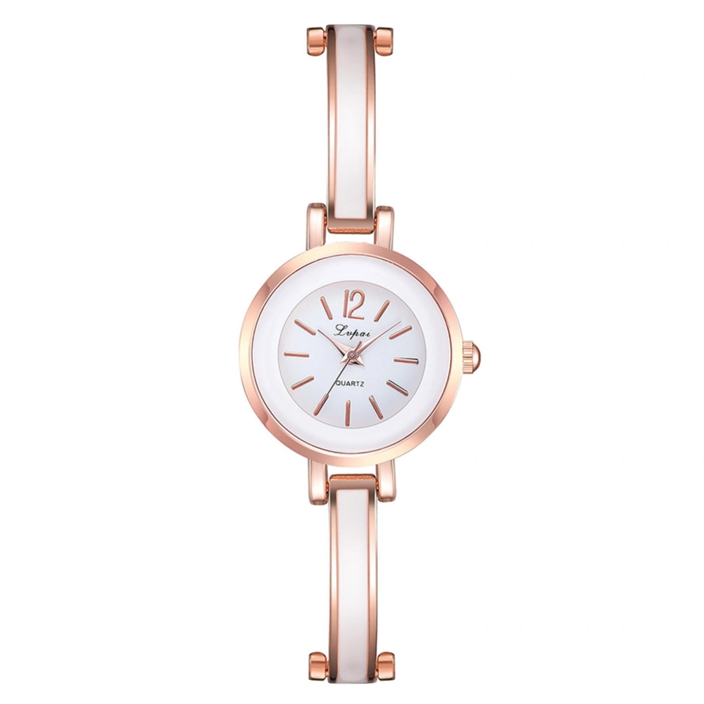 Fashion Alloy Strap Round Dial Watch Women Casual Quartz Watch (Rose Gold White)