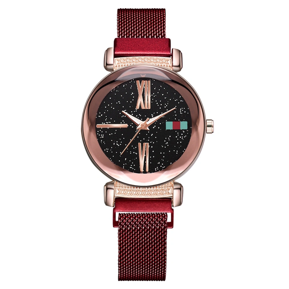 Fashion Alloy Strap Round Dial Watch Women Casual Quartz Magnet Watch (Red)