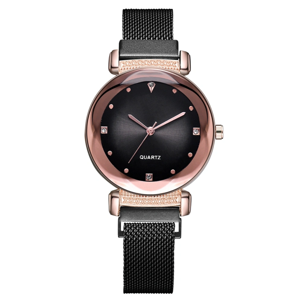 Fashion Alloy Strap Round Dial Watch Women Casual Quartz Magnet Watch (Black)