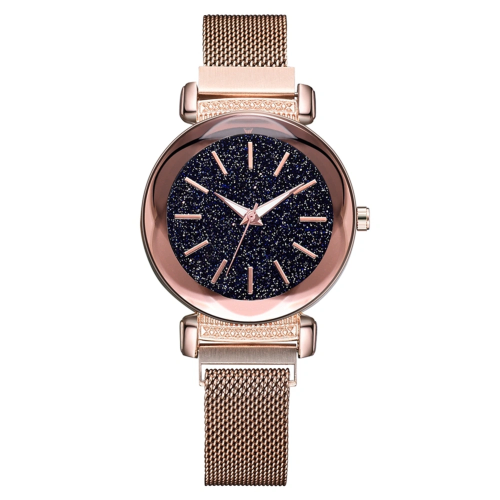 Fashion Alloy Strap Round Dial Watch Women Casual Quartz Magnet Watch (Rose Gold)