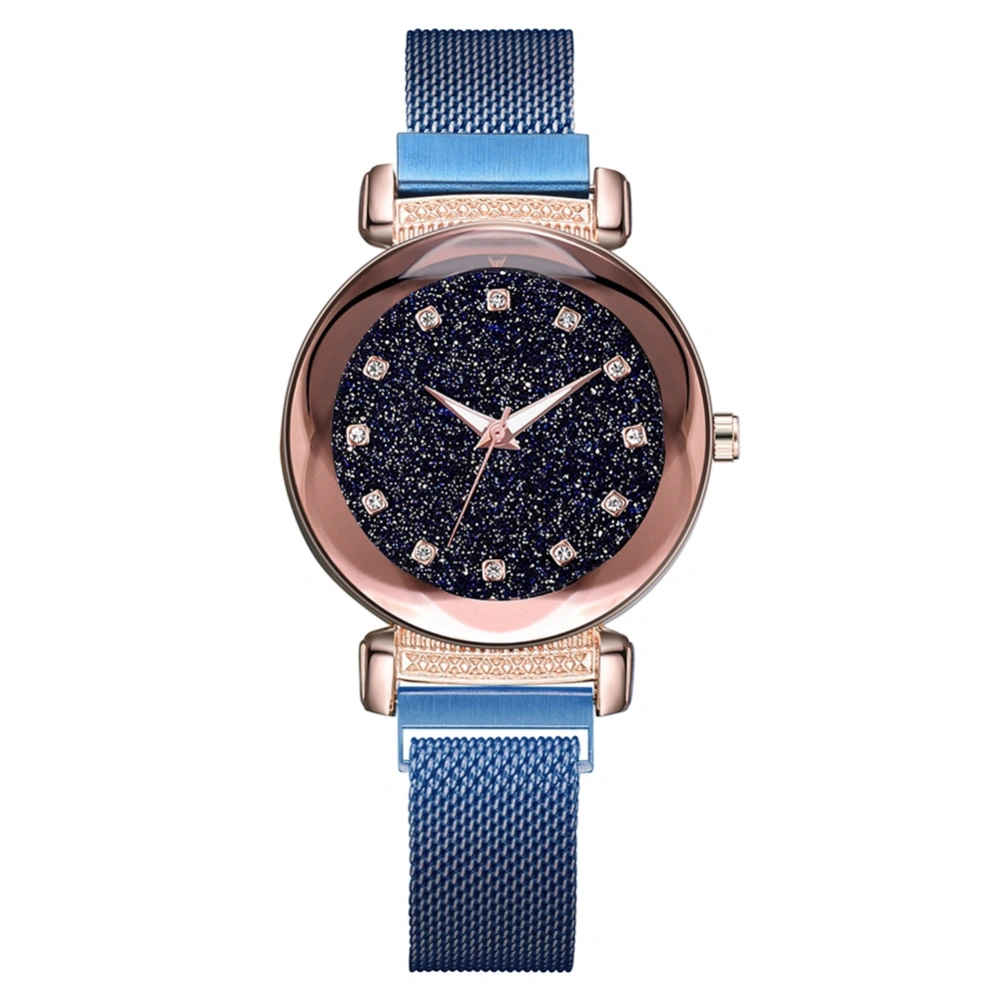 Fashion Alloy Strap Round Dial Watch Women Casual Quartz Magnet Watch (Blue)