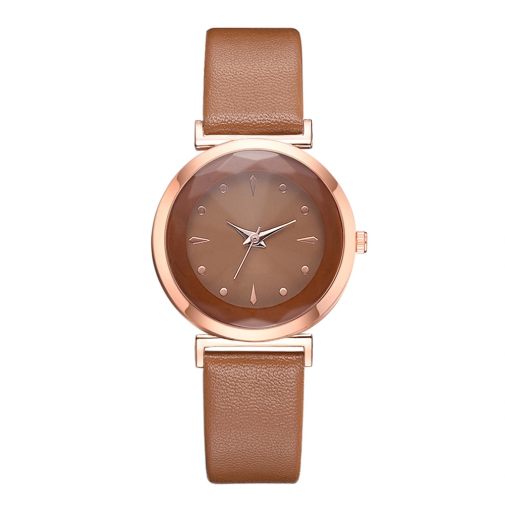 Fashion PU Strap Round Dial Watch Women Casual Quartz Watch (Brown)