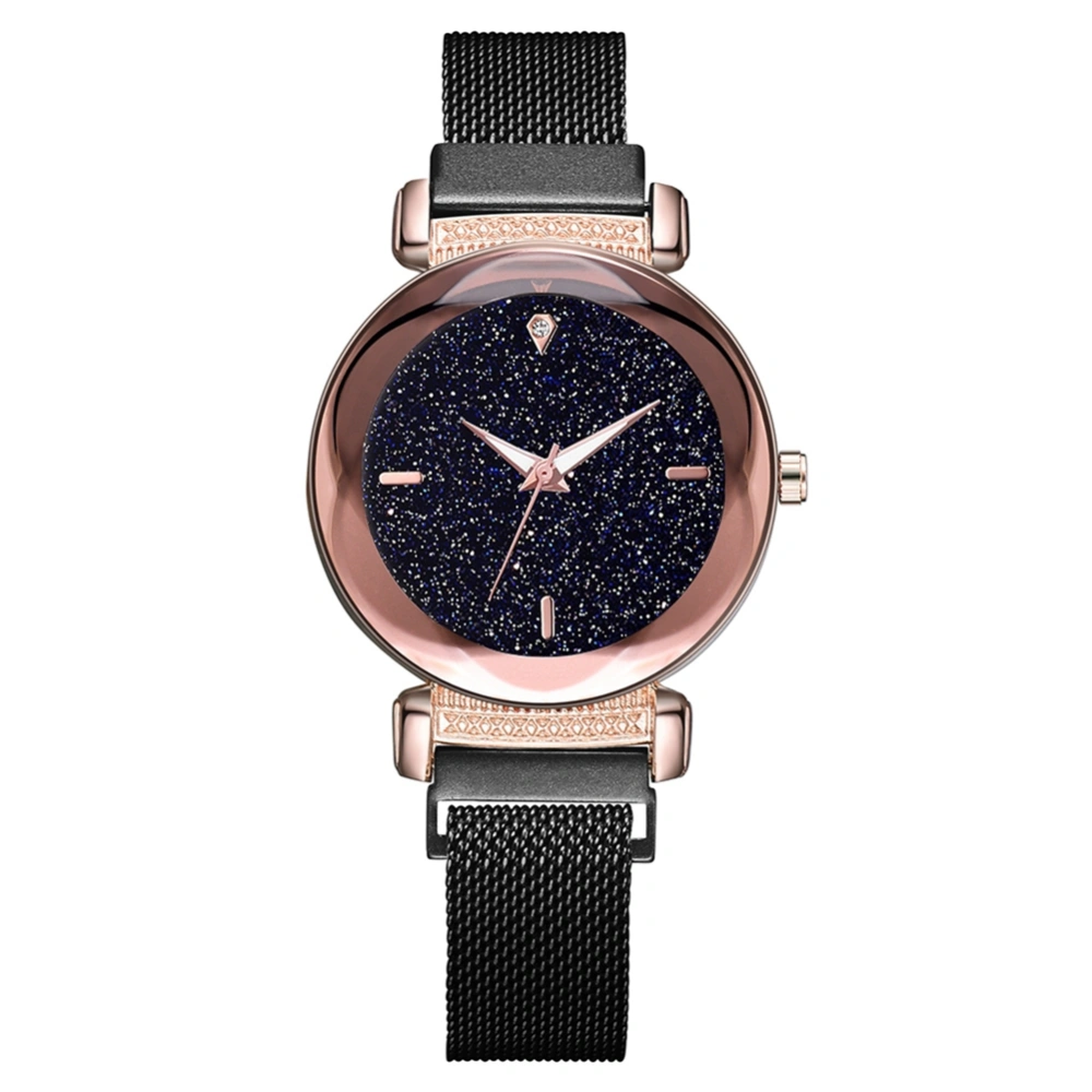 Fashion Alloy Strap Round Dial Watch Women Casual Quartz Magnet Watch (Black)