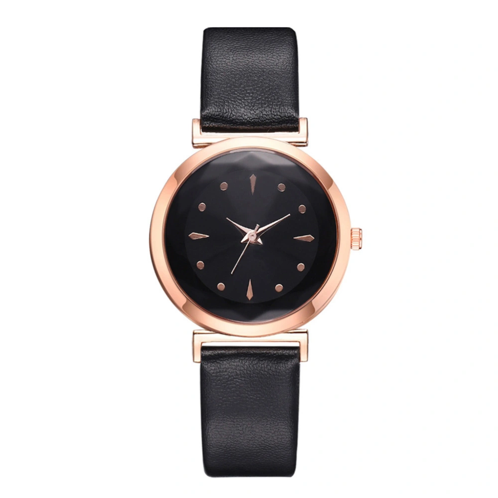 Fashion PU Strap Round Dial Watch Women Casual Quartz Watch (Black)