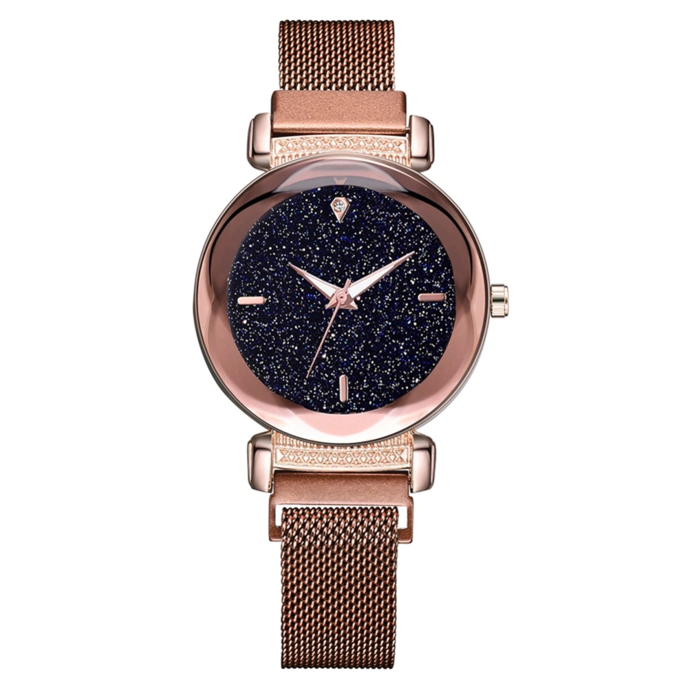 Fashion Alloy Strap Round Dial Watch Women Casual Quartz Magnet Watch (Brown)