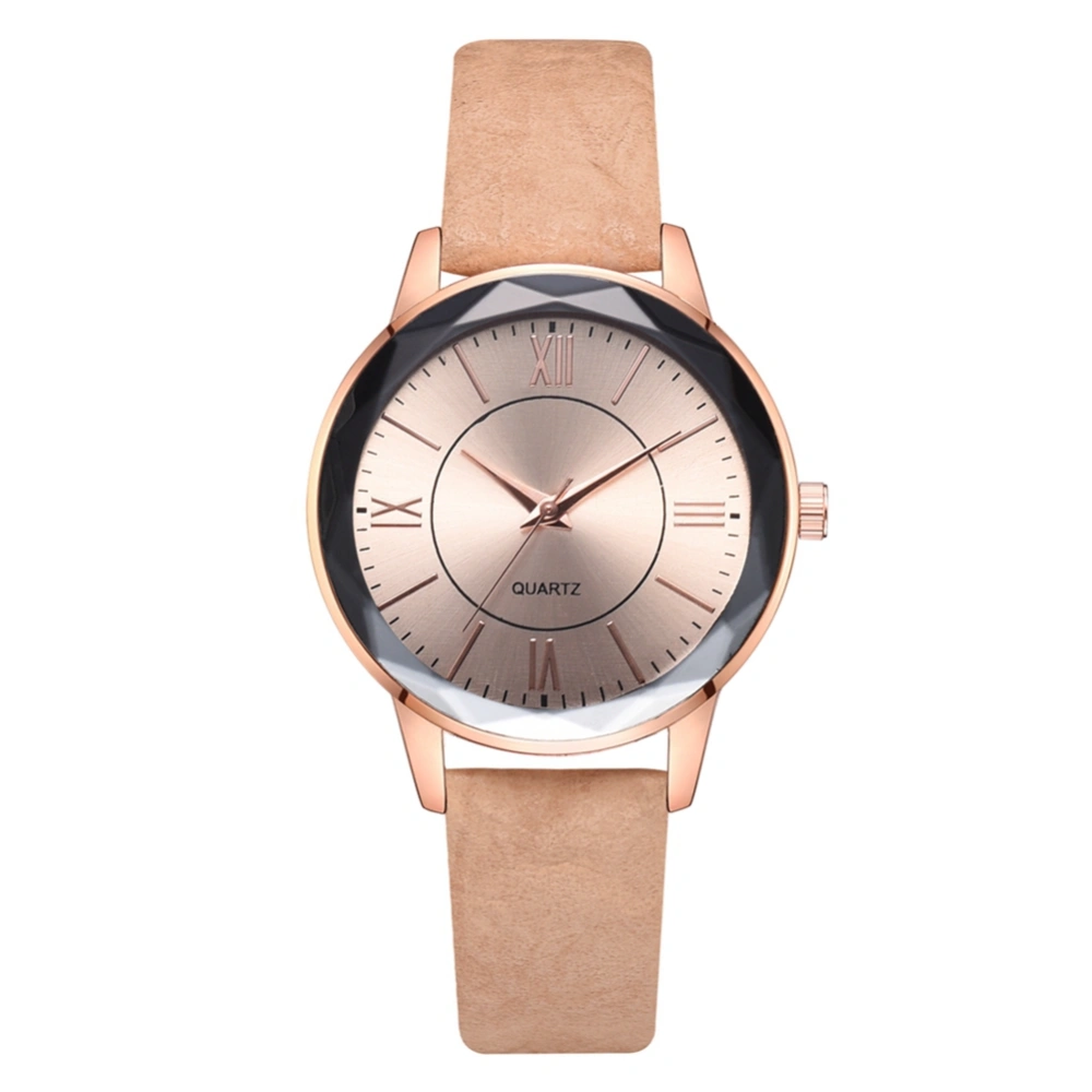 Fashion PU Strap Round Dial Watch Women Casual Quartz Watch (Beige)