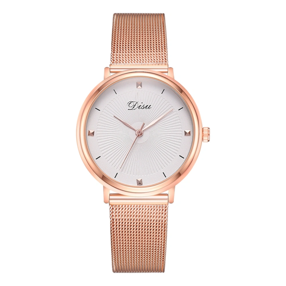 Fashion Female Round Dial Quartz Analog Wristwatch Alloy Mesh Strap Watch (White)