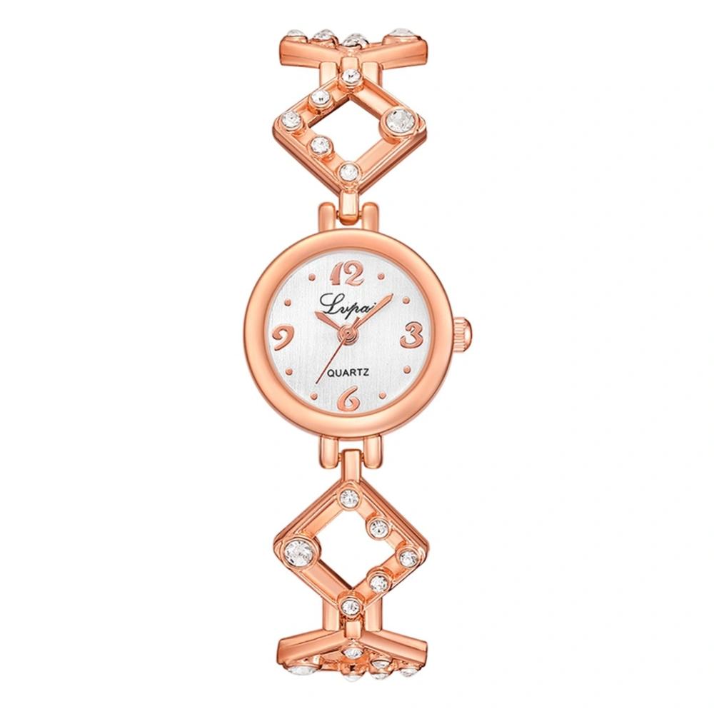 Female Alloy Strap Rhinestone Watch Round Dial Quartz Analog Wristwatch (Rose Gold White)