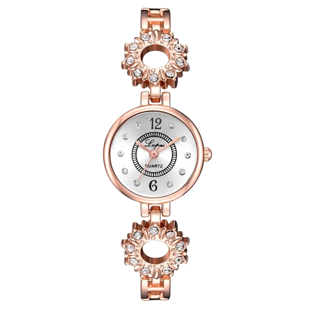 Female Alloy Strap Rhinestone Watch Round Dial Quartz Analog Wristwatch (Rose Gold White)