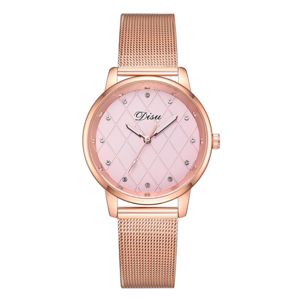 Casual Female Round Rhinestone Dial Quartz Analog Wristwatch Alloy Mesh Strap Watch (Pink)