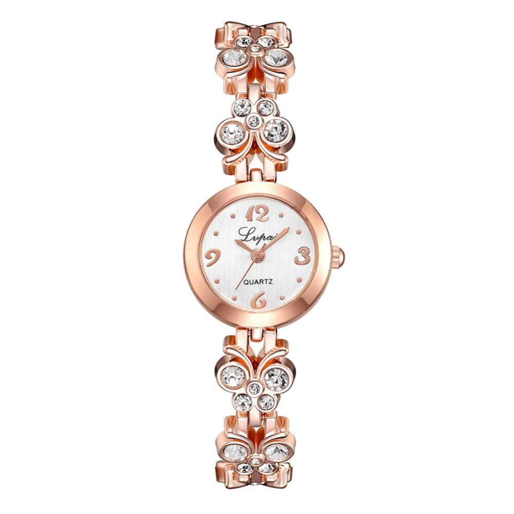 Female Watch Alloy Strap Rhinestone Round Dial Quartz Analog Wristwatch (Rose Gold White)