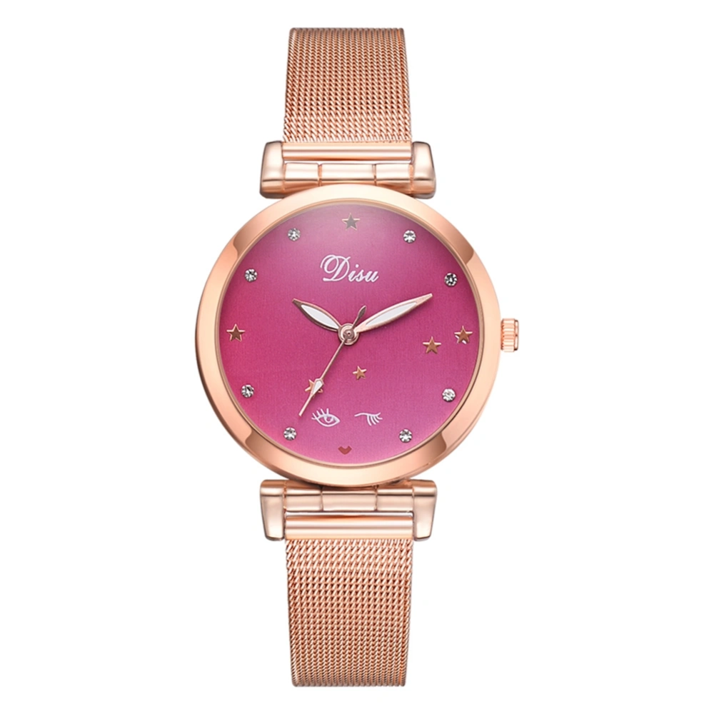 Casual Female Round Dial Quartz Analog Wristwatch Alloy Mesh Strap Watch (Rose Red)