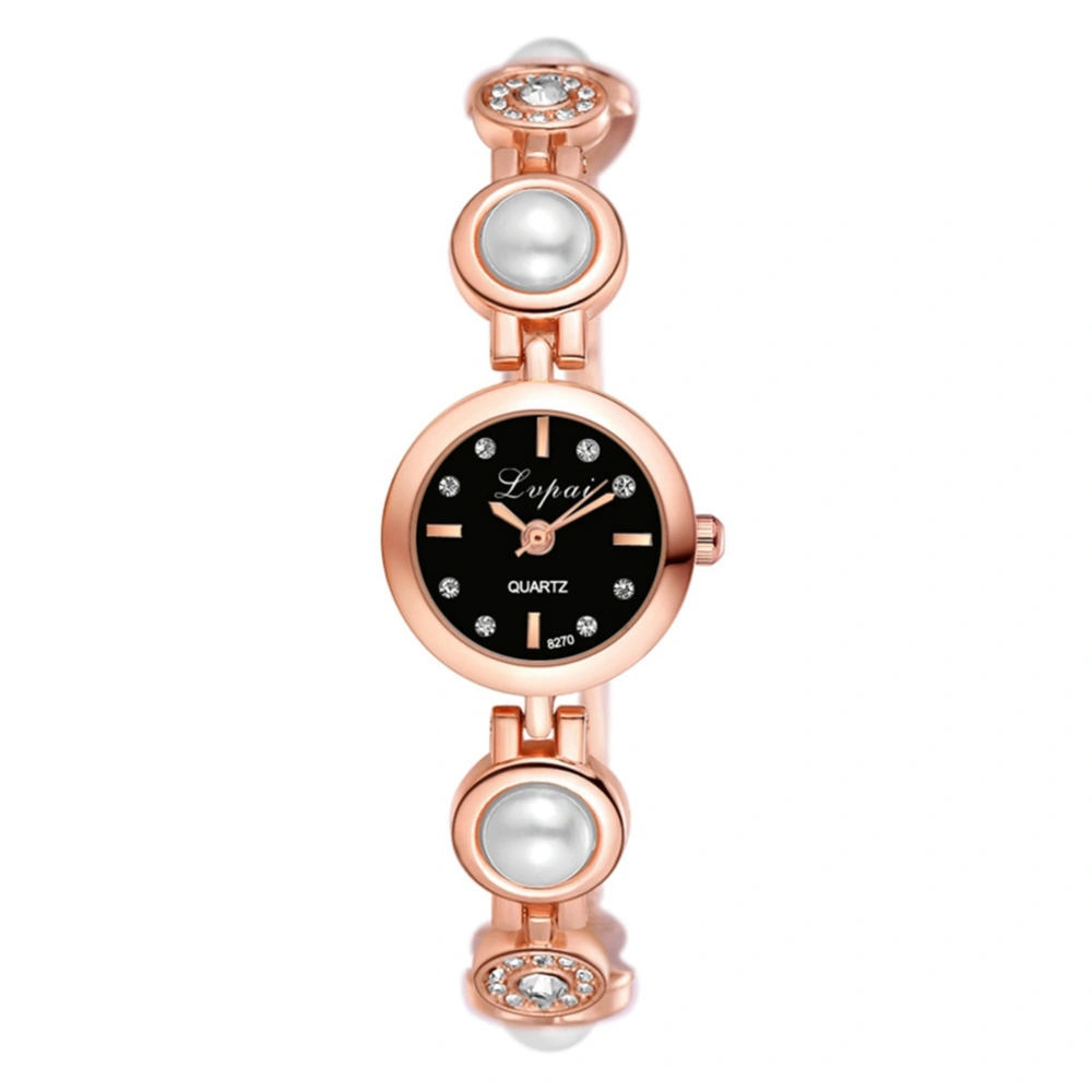 Female Round Dial Quartz Analog Wristwatch Alloy Strap Rhinestone Watch (Rose Gold Black)