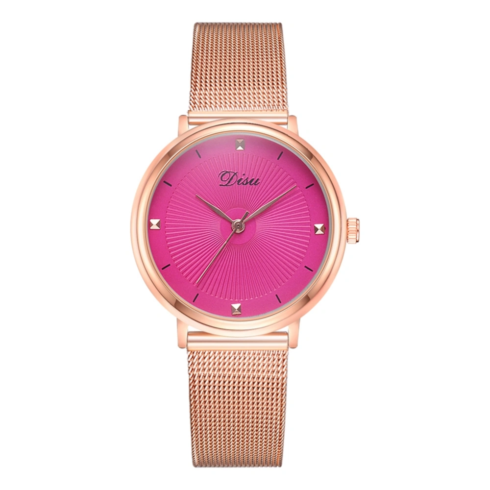 Fashion Female Round Dial Quartz Analog Wristwatch Alloy Mesh Strap Watch (Rose Red)