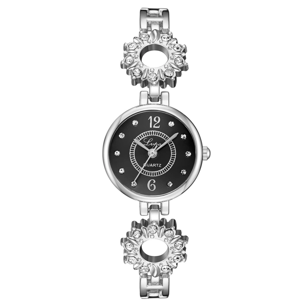 Female Alloy Strap Rhinestone Watch Round Dial Quartz Analog Wristwatch (Silver Black)