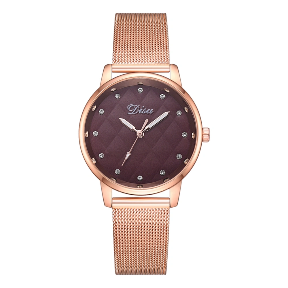 Casual Female Round Rhinestone Dial Quartz Analog Wristwatch Alloy Mesh Strap Watch (Wine Red)