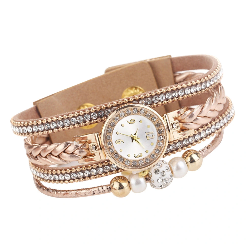 Multi layer Rhinestone Watch Women Bracelet Quartz Braided Rope Wristwatch (Beige)