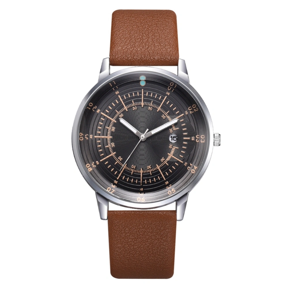 Fashionable Business Round Dial PU Leather Strap Men Calendar Quartz Watch(Brown+Silver+Yellow)