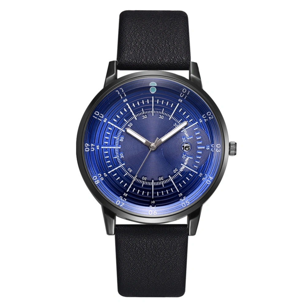 Fashionable Business Round Dial PU Leather Strap Men Calendar Quartz Watch(Black+Black+Blue)