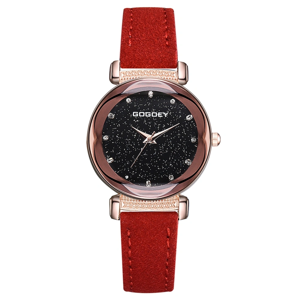 Fashionable Starry Sky Dial Women Alloy Rhinestones PU Strap Quartz Wristwatch Watch(Red)