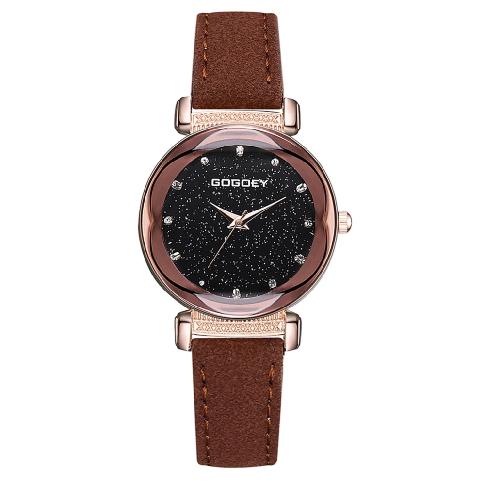 Fashionable Starry Sky Dial Women Alloy Rhinestones PU Strap Quartz Wristwatch Watch(Brown)