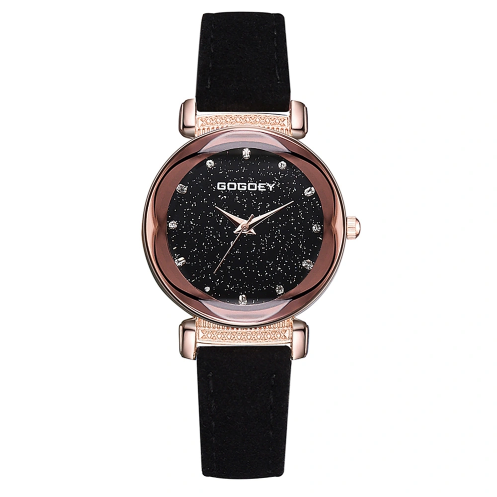 Fashionable Starry Sky Dial Women Alloy Rhinestones PU Strap Quartz Wristwatch Watch(Black)