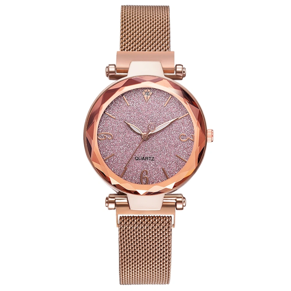 Fashionable Women Magnet Buckle Alloy Mesh Belt Quartz Wristwatch Watch(Rose Gold+Pink)