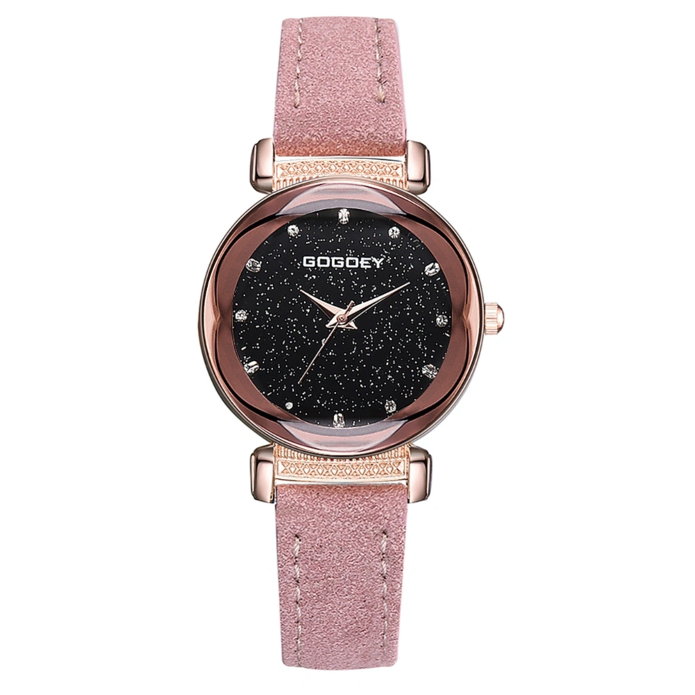 Fashionable Starry Sky Dial Women Alloy Rhinestones PU Strap Quartz Wristwatch Watch(Pink)