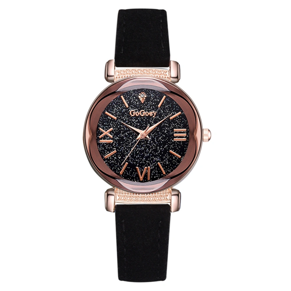 Fashionable Starry Sky Dial Roman Numerals Women Alloy PU Strap Quartz Wristwatch Watch(Black)