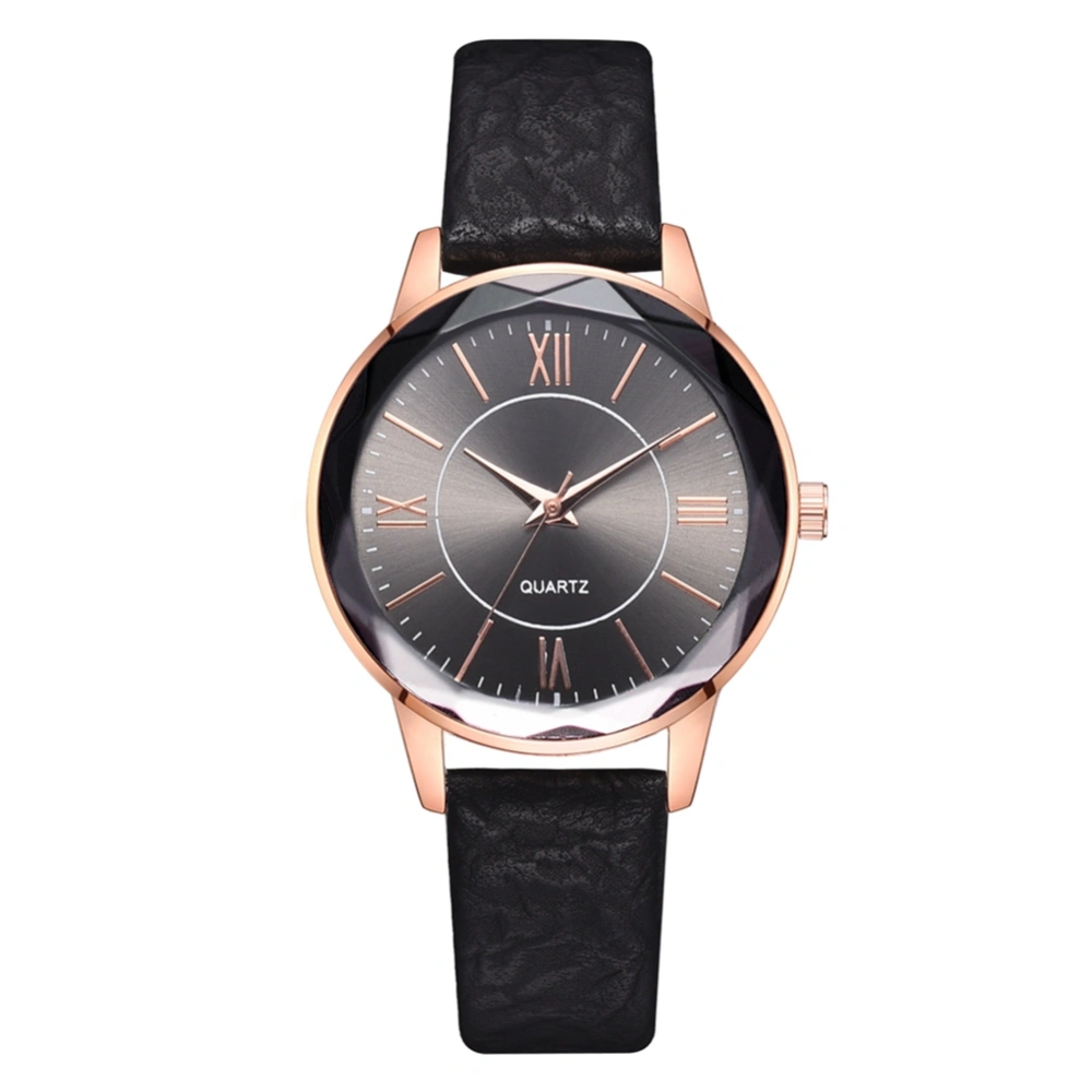 Fashion PU Strap Round Dial Watch Women Casual Quartz Watch (Black)