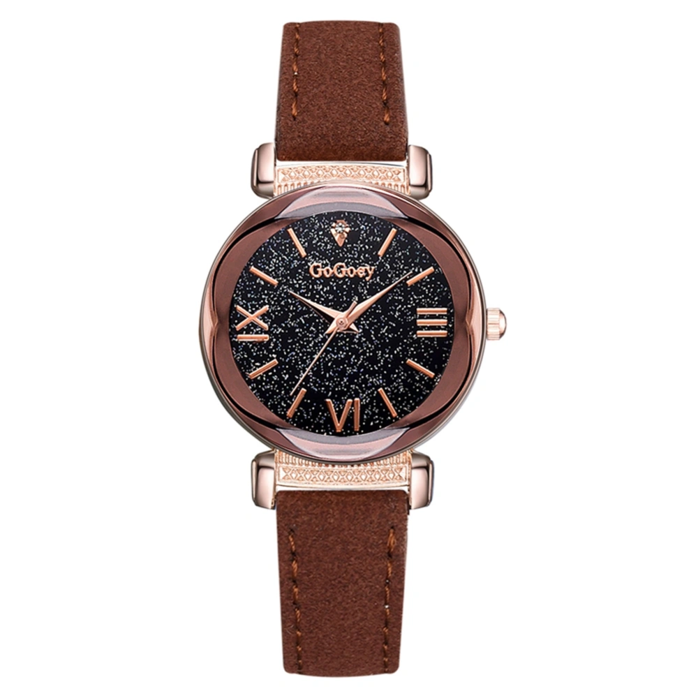 Fashionable Starry Sky Dial Roman Numerals Women Alloy PU Strap Quartz Wristwatch Watch(Brown)