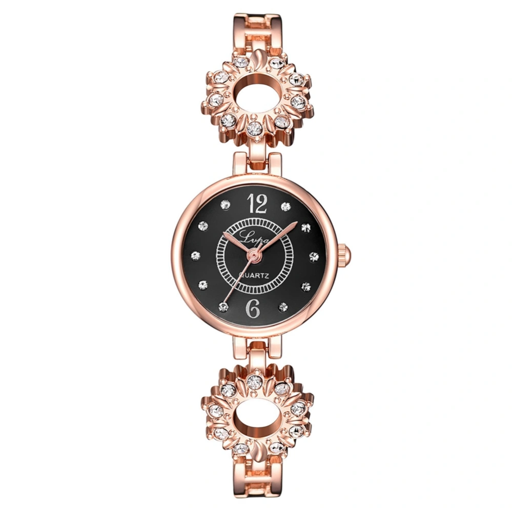 Female Alloy Strap Rhinestone Watch Round Dial Quartz Analog Wristwatch (Rose Gold Black)