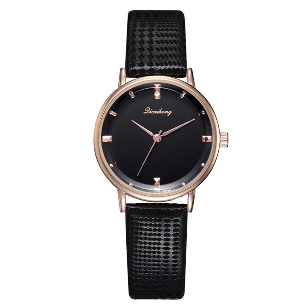 Fashion Simple Female Round Dial Quartz Analog PU Leather Strap Watch Wristwatch (Black)