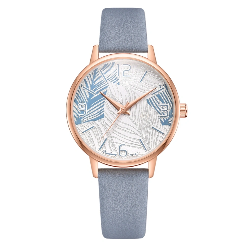 Fashion PU Leather Women Wristwatch Leaf Pattern Round Dial Quartz Watch(Sky Blue)