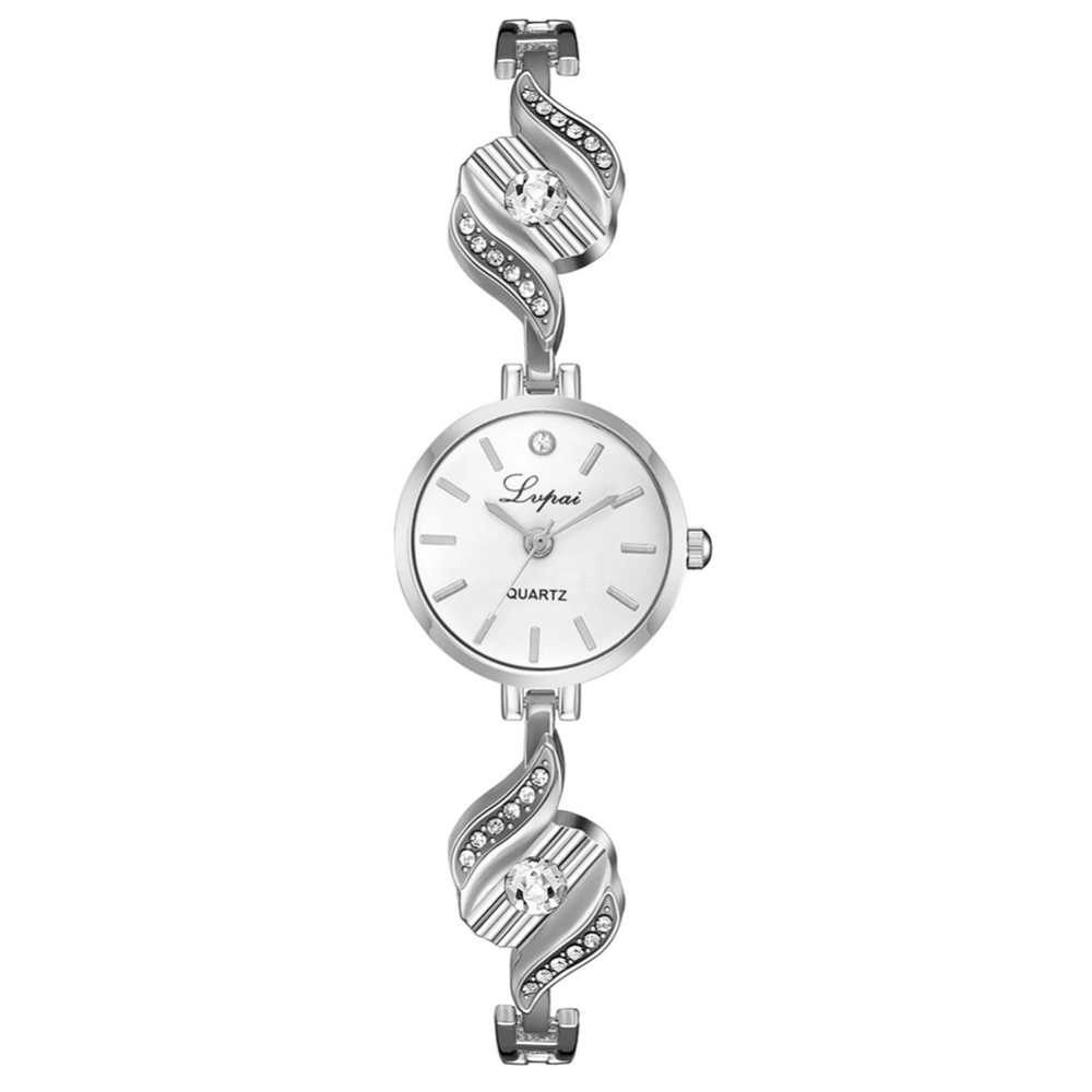 Fashion Alloy Women Lady Wrist Watch Rhinestone Decoration Quartz Wristwatch(Silver+White)